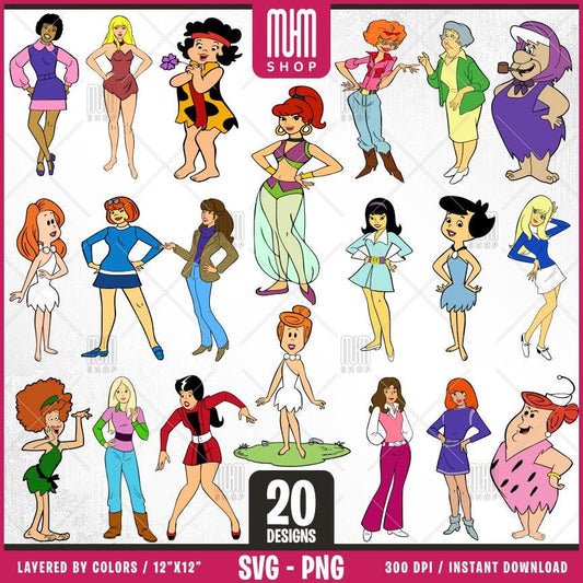 Retro Cartoon Characters - Women Svg Png, 20 Designs Easy to use, 70s, 80s, Layered Svg by colors, Transparent Png, Cut Files for Cricut.