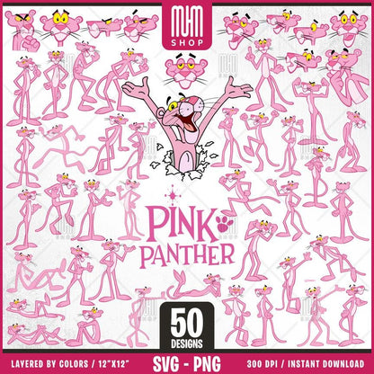 Pink Panther Svg Png, 50 Designs Easy to use, Cartoon Characters Cliparts, Layered Svg by colors, Transparent Png, Easy cut files for Cricut