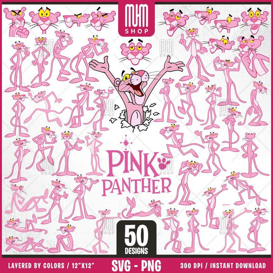 Pink Panther Svg Png, 50 Designs Easy to use, Cartoon Characters Cliparts, Layered Svg by colors, Transparent Png, Easy cut files for Cricut