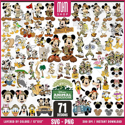 Mouse And Friends Safari Svg Png, 71 Designs Easy to use, Cartoon Characters, Layered Svg by colors, Transparent Png, Cut files for Cricut.