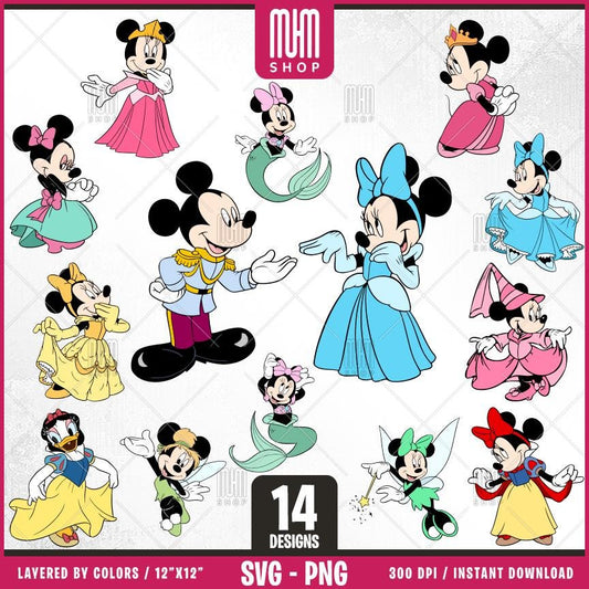 Mouse Princess Svg, 14 Designs Easy to use, Cartoon Characters Clipart, Layered Svg by colors, Transparent Png, Easy cut files for Cricut.