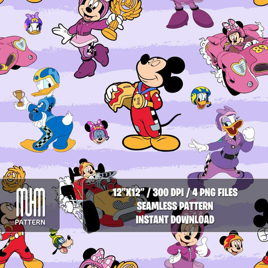 Seamless Pattern PNG, Mouse and Friends Roadster Racers, Cartoon Characters, Repeat Png, Fabric Design Sublimation, Ready for Textile Prints