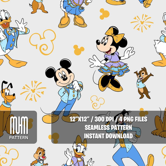 Seamless Pattern PNG, Mouse And Friends 50th Anniversary, Cartoon Characters, Repeated Fabric Design Sublimation, Ready for Textile Prints.