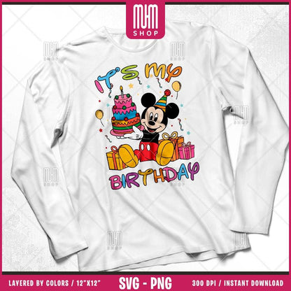 Mouse And Friends Its My Birthday Svg Png, 7 Designs Easy to use, Happy Birthday, Layered Svg by colors, Transparent Png, files for Cricut.