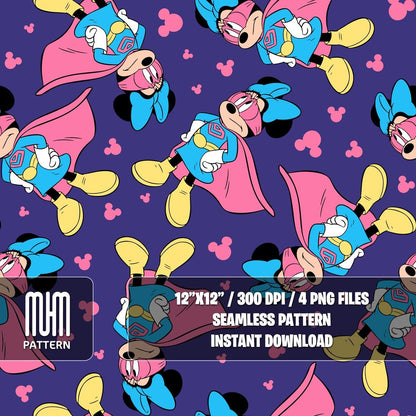 Seamless Pattern PNG, Minnie Mouse Superheroes, Mouse And Friends, Cartoon Characters, Fabric Design Sublimation, Ready for Textile Prints.
