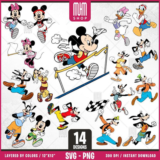 Mouse And Friends Race Svg, 14 Designs Easy to use, Cartoon Characters, Layered Svg by colors, Transparent Png, Easy cut files for Cricut.