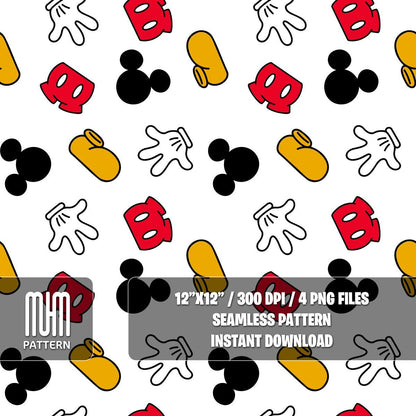 Seamless Pattern PNG, Mouse Hands, Magical Kingdom, Cartoon Characters, Repeated Fabric Design Sublimation, Ready for Textile Prints.