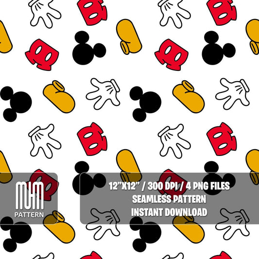 Seamless Pattern PNG, Mouse Hands, Magical Kingdom, Cartoon Characters, Repeated Fabric Design Sublimation, Ready for Textile Prints.