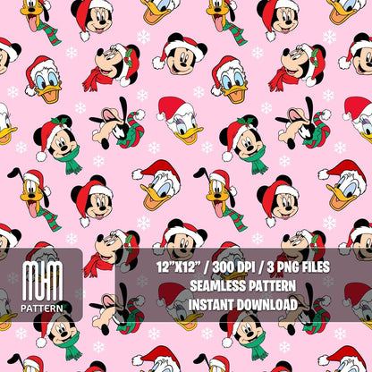 Seamless Pattern PNG, Merry Christmas, Mouse and Friends, Cartoon Characters, Xmas Day, Fabric Design Sublimation, Ready for Textile Prints.