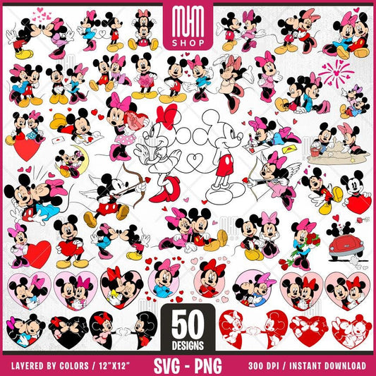 Mouse and Minnie at Valentine Svg Png, 50 Designs Easy to use Cartoon Characters, Layered Svg by colors Transparent Png Cut files for Cricut