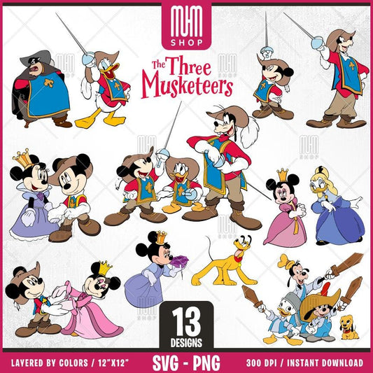 The Three Musketeers Svg, 13 Designs Easy to use, Cartoon Characters, Layered Svg by colors, Transparent Png, Easy cut files for Cricut.