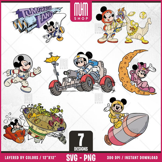 Mouse And Minnie Astronaut Svg Png, 7 Designs Easy to use Cartoon Characters Layered Svg by colors, Transparent Png, Cut Files for Cricut.