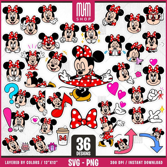 Stickers Minnie Mouse Svg, 36 Designs Easy to use, Cartoon Characters, Layered Svg by colors, Transparent Png, Easy cut files for Cricut.