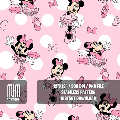 Seamless Pattern PNG, Minnie Mouse Ballerina, Cartoon Characters, Mouse and Friends, Fabric Design Sublimation, Ready for Textile Prints.