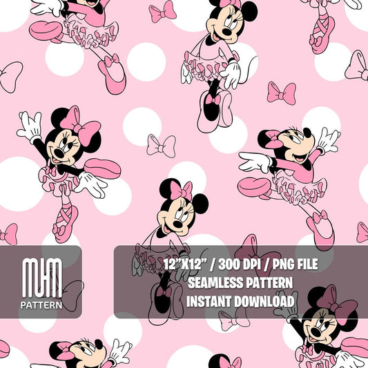 Seamless Pattern PNG, Minnie Mouse Ballerina, Cartoon Characters, Mouse and Friends, Fabric Design Sublimation, Ready for Textile Prints.