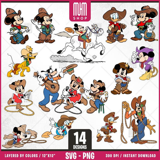 Mouse and Friends Cowboy Svg Png, 14 Designs Easy to use, Cartoon Characters, Layered Svg by colors, Transparent Png, Easy cut files for Cricut.