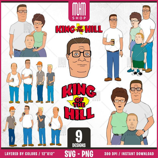 King Of The Hill Svg Png, 9 Designs Easy to use, Cartoon Characters, Layered Svg by colors, Transparent Png, Easy cut files for Cricut.