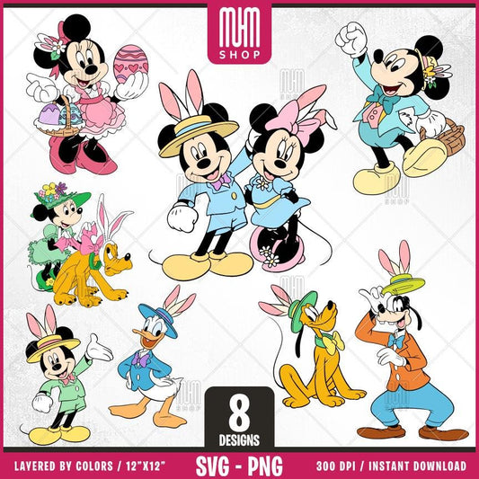 Mouse And Friends At Easter Svg Png, 8 Designs Easy to use, Cartoon Characters, Layered Svg by colors, Transparent Png, Cut files for Cricut
