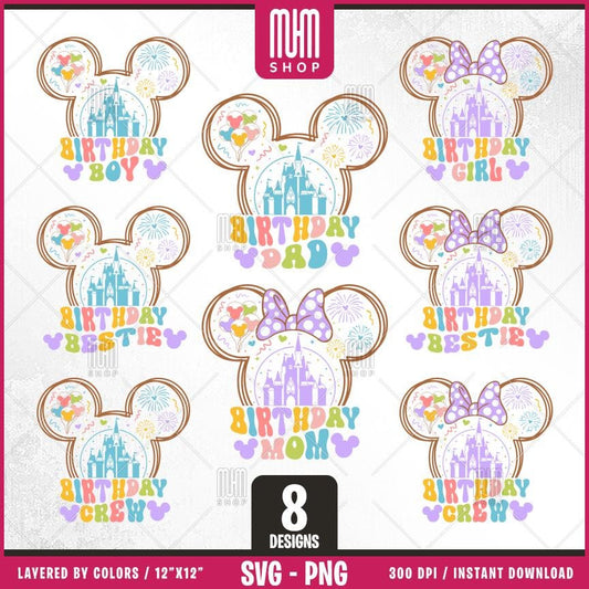 Birthday Castle Svg Png, 8 Designs Easy to use, Cartoon Characters, Disneyland, Layered Svg by colors, Transparent Png, Cut files for Cricut