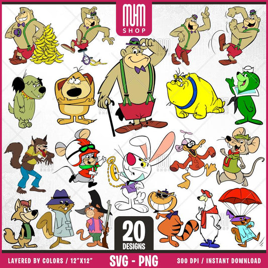 Retro Cartoon Characters - Animals Svg Png, 20 Designs Easy to use, 70s, 80s, Layered Svg by colors, Transparent Png, Cut Files for Cricut.
