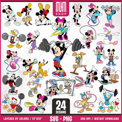 Mouse And Friends at GYM Svg, 24 Designs Easy to use, Cartoon Characters, Layered Svg by colors, Transparent Png, Easy cut files for Cricut.