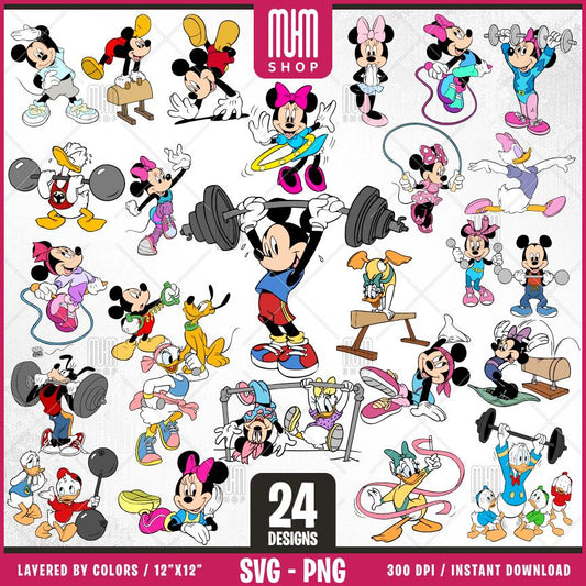 Mouse And Friends at GYM Svg, 24 Designs Easy to use, Cartoon Characters, Layered Svg by colors, Transparent Png, Easy cut files for Cricut.