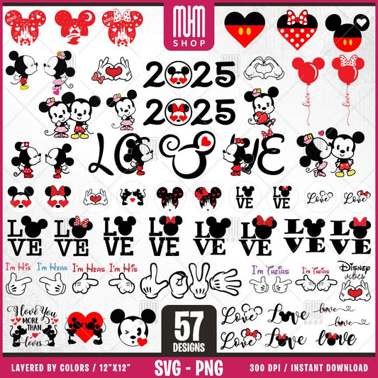 Mouse Valentine Svg Png, 57 Designs Easy to use, Cartoon Characters, Layered Svg by colors, Transparent Png, Cut files for Cricut.