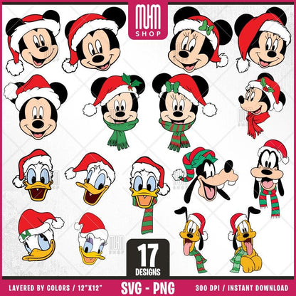 Mouse And Friends Heads Christmas Svg Png, 17 Designs Easy to use,Cartoon Characters,Layered Svg by colors,Transparent Png files for Cricut.
