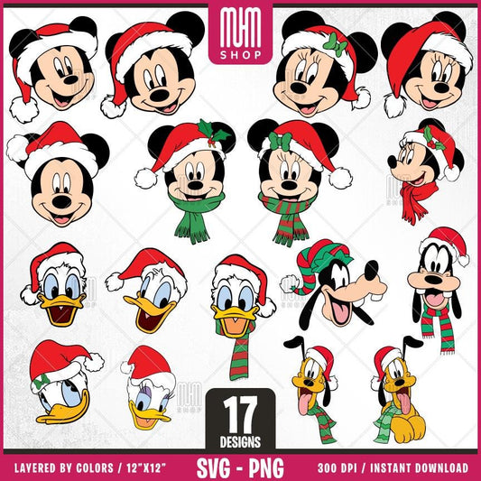 Mouse And Friends Heads Christmas Svg Png, 17 Designs Easy to use,Cartoon Characters,Layered Svg by colors,Transparent Png files for Cricut.