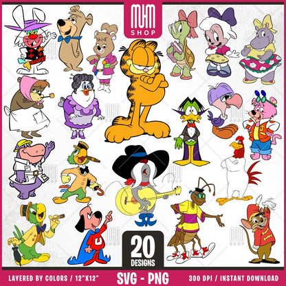 Retro Cartoon Characters - Animals Svg Png, 20 Designs Easy to use, 70s, 80s, Layered Svg by colors, Transparent Png, Cut Files for Cricut.