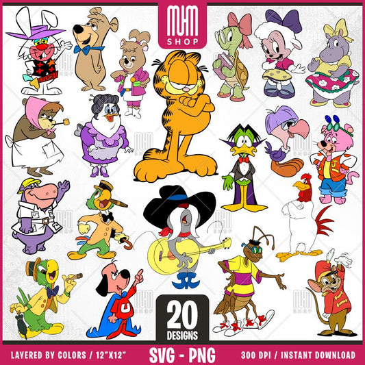 Retro Cartoon Characters - Animals Svg Png, 20 Designs Easy to use, 70s, 80s, Layered Svg by colors, Transparent Png, Cut Files for Cricut.