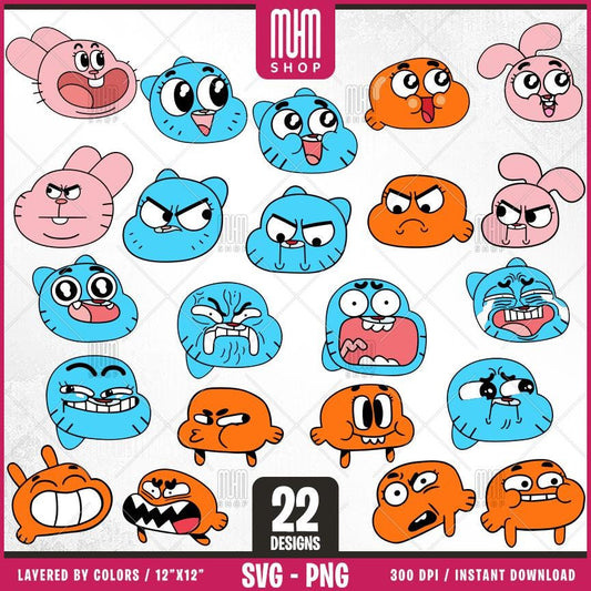 Gum Ball Stickers Svg, 22 Designs Easy to use, Cartoon Characters Cliparts, Layered Svg by colors, Transparent Png, Cut files for Cricut.