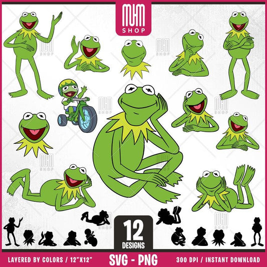 Kermit The Frog Svg Png, 12 Designs Easy to use, Cartoon Characters, Layered Svg by colors, Transparent Png, Easy cut files for Cricut.