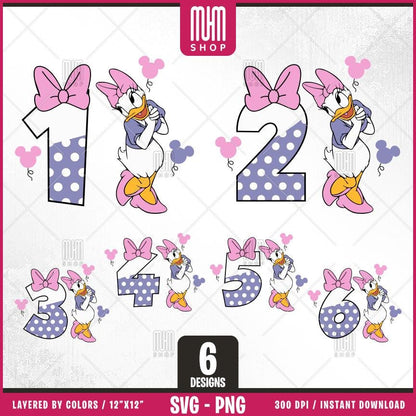 Daisy Duck Birthday Numbers Svg Png, 6 Designs Easy to use, Cartoon Characters, Layered Svg by colors, Transparent Png, Cut files for Cricut