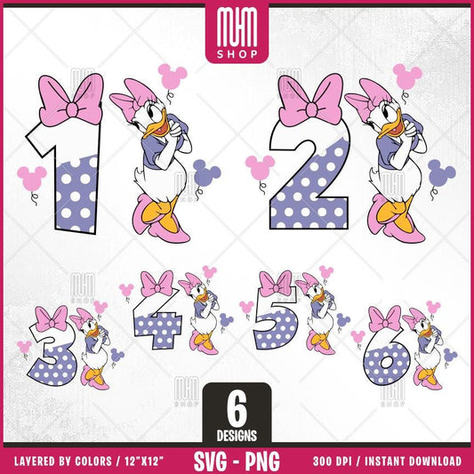 Daisy Duck Birthday Numbers Svg Png, 6 Designs Easy to use, Cartoon Characters, Layered Svg by colors, Transparent Png, Cut files for Cricut