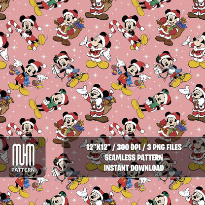 Seamless Pattern PNG, Merry Christmas, Mouse and Friends, Cartoon Characters, Noel Day, Fabric Design Sublimation, Ready for Textile Prints.