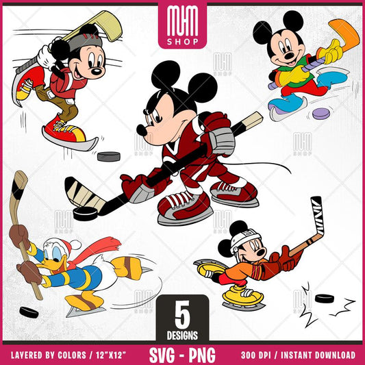 Mouse And Friends Hockey Svg, 5 Designs Easy to use, Cartoon Characters, Layered Svg by colors, Transparent Png, Easy cut files for Cricut.
