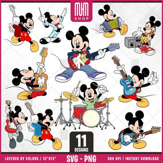 Mouse And Music Svg Png, 11 Designs Easy to use Cartoon Characters, Layered Svg by colors, Transparent Png, Cut files for Cricut.