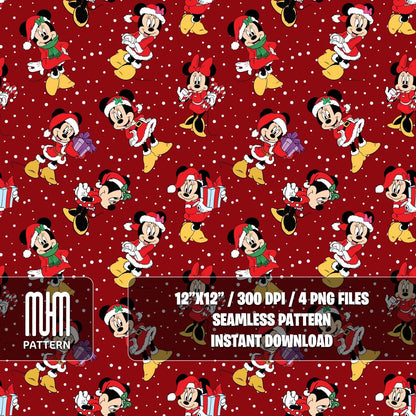 Seamless Pattern PNG, Merry Christmas, Minnie Mouse Xmas, Cartoon Characters, Noel Day, Fabric Design Sublimation, Ready for Textile Prints.