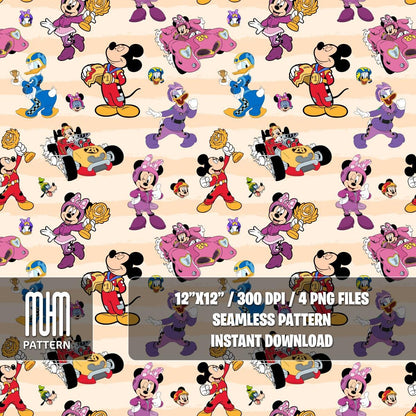 Seamless Pattern PNG, Mouse and Friends Roadster Racers, Cartoon Characters, Repeat Png, Fabric Design Sublimation, Ready for Textile Prints