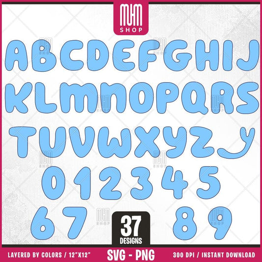 Bluey Dog Alphabet And Numbers Svg, 37 Designs Easy to use Cartoon Characters, Layered Svg by colors, Transparent Png, Cut files for Cricut.