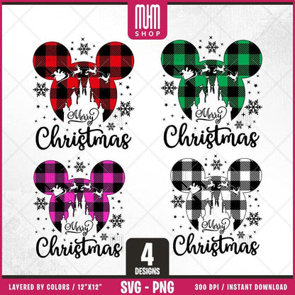 Merry Christmas Svg Png, 4 Designs Easy to use, Magical Kingdom Bundle, Family Trip, Castel Svg, Mouse Head, Easy cut files for Cricut.