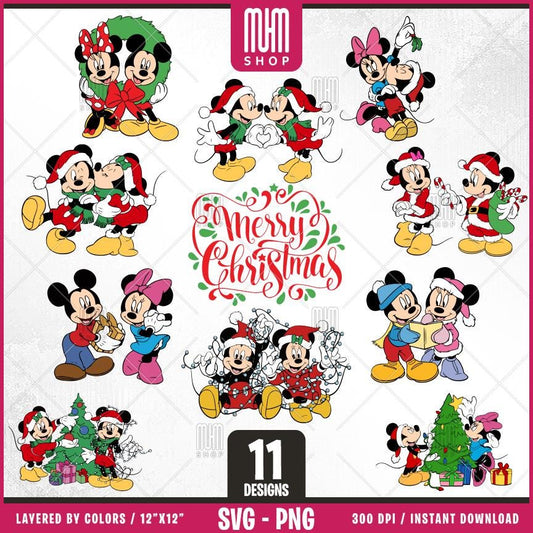 Mouse and Minnie Merry Christmas Svg Png, 11 Designs Easy to use Cartoon Characters, Layered Svg by colors, Transparent Png files for Cricut