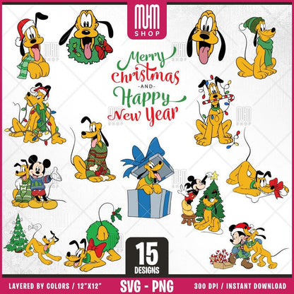 Pluto Merry Christmas Svg Png, 15 Designs Easy to use, Cartoon Characters, Layered Svg by colors, Transparent Png, Easy files for Cricut.