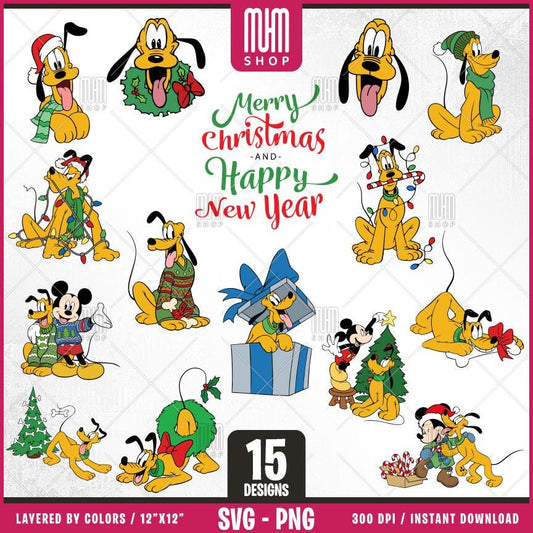 Pluto Merry Christmas Svg Png, 15 Designs Easy to use, Cartoon Characters, Layered Svg by colors, Transparent Png, Easy files for Cricut.