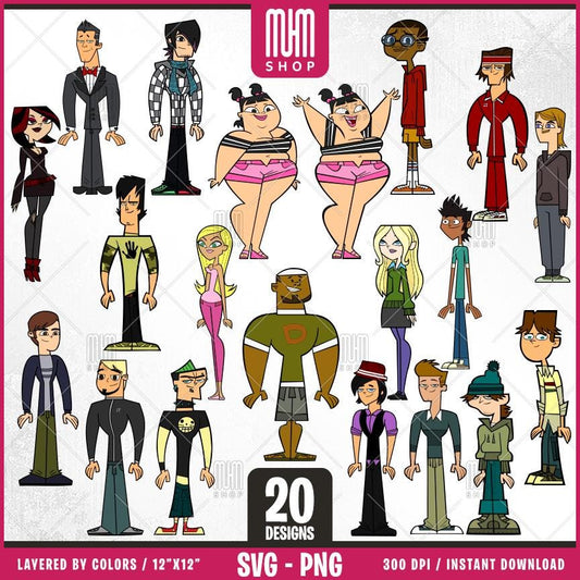 Total Drama Svg Png Set2, 20 Designs Easy to use, Cartoon Characters Cliparts, Layered Svg by colors, Transparent Png, Cut files for Cricut.