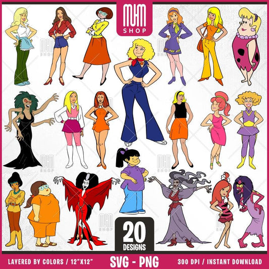 Retro Cartoon Characters - Women Svg Png, 20 Designs Easy to use, 70s, 80s, Layered Svg by colors, Transparent Png, Cut Files for Cricut.