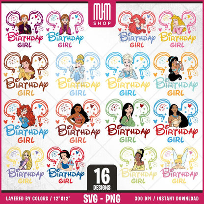 Princess Birthday Girl Svg Png, 16 Designs Easy to use Cartoon Characters, Layered Svg by colors, Transparent Png, Cut files for Cricut.