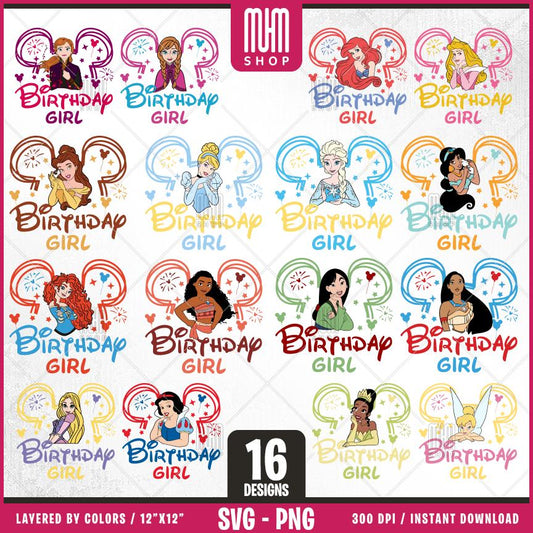 Princess Birthday Girl Svg Png, 16 Designs Easy to use Cartoon Characters, Layered Svg by colors, Transparent Png, Cut files for Cricut.