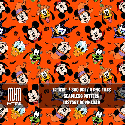 Seamless Pattern PNG, Mouse and Friends Halloween, Mouse Head, Cartoon Characters, Fabric Design Sublimation, Ready for Textile Prints.